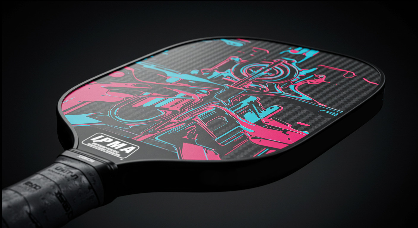 Pickleball paddle with the IMPA logo. Pickleball paddle with the International Pickleball Manufactures Association logo